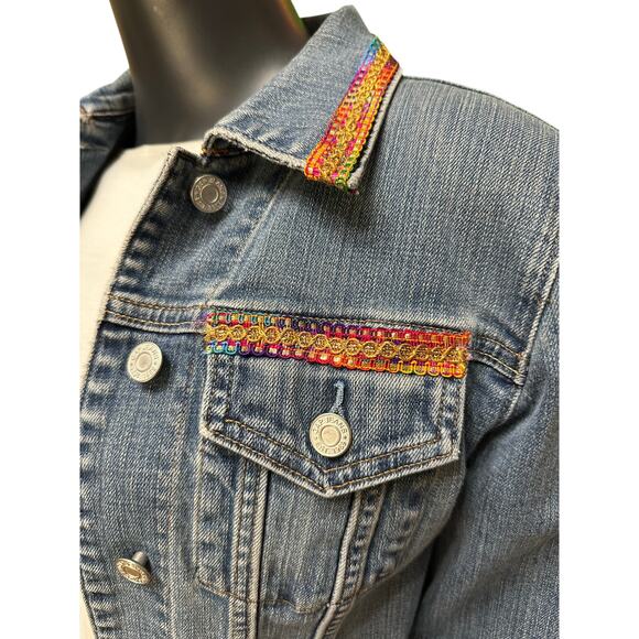 Custom Upcycled GAP Denim Jacket Fringe & Rainbow Trim Sz Small S - Picture 3 of 8
